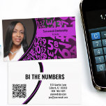 Purple Numbers on Black Custom Photo QR Code Business Card<br><div class="desc">A purple and black numbers background on this design features a photo placeholder on the left with template name on the right. The back includes a coordinated design and colours with text fields for the business name and details. Replace the placeholder photo with your vertical format photograph and your link...</div>