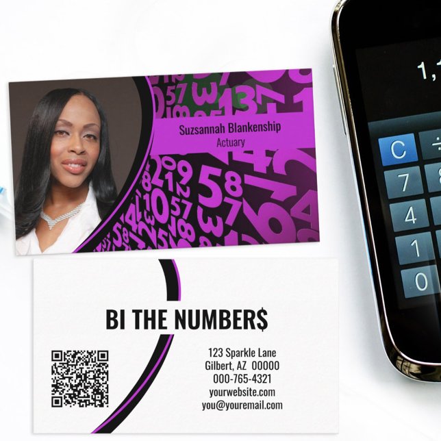 Purple Numbers on Black Custom Photo QR Code Business Card (Share you information on this black and purple numbers, QR code custom photo business card.)