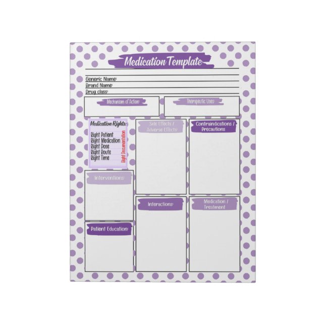 Purple Nursing Student Medication Template Notepad (Rotated)
