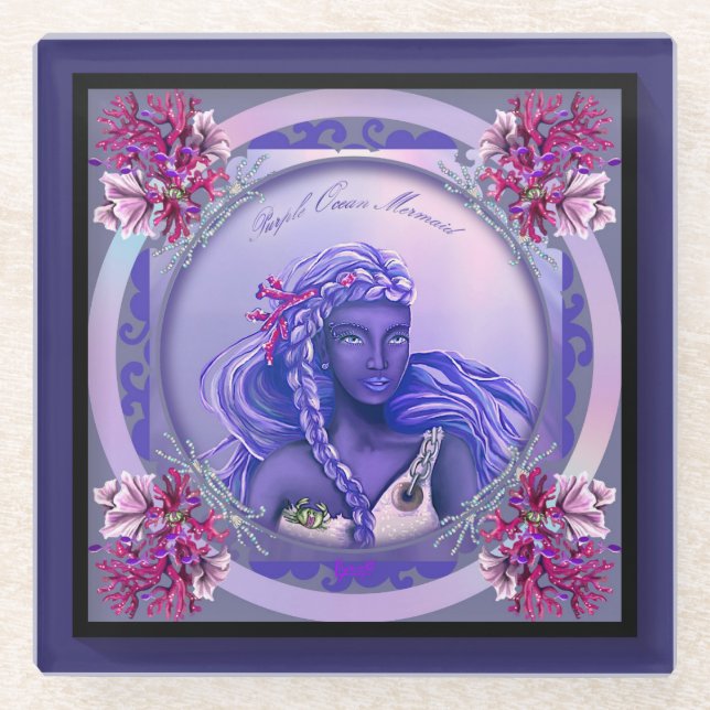 Purple Ocean Mermaid  Glass Coaster (Front)