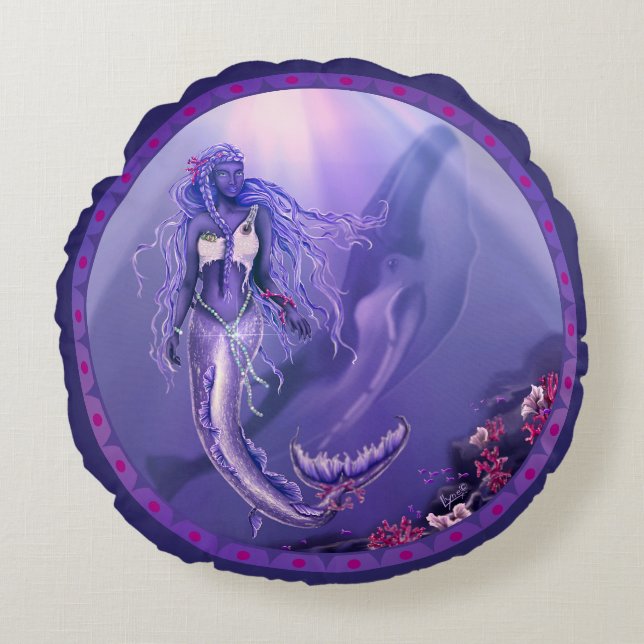 Purple ocean mermaid round pillow (Front)