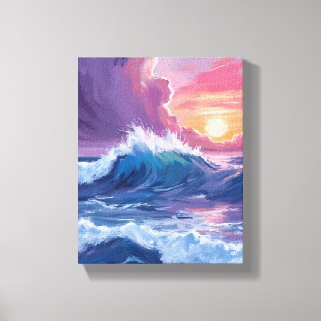 Purple Ocean Waves Sunset Watercolor Painting Canvas Print (Front)
