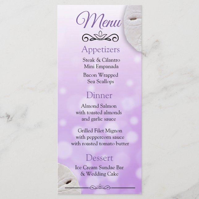 Purple Oceanic Sand Dollar Wedding Menu Card (Front)