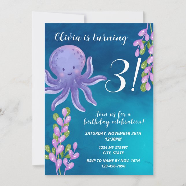 Purple Octopus Birthday Invitation (Front)