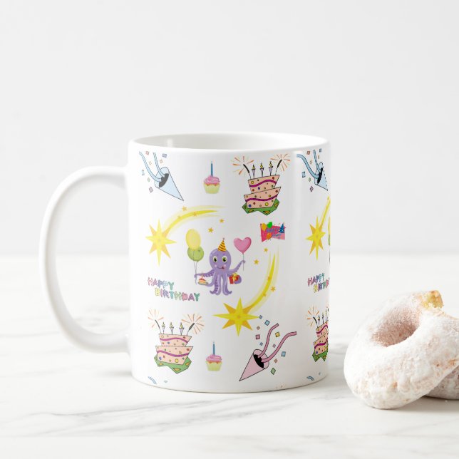 Purple Octopus Cupcake Happy Birthday Mug  (With Donut)