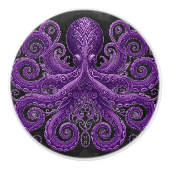 Purple Octopus Victorian Steampunk Kraken  Ceramic Knob (Front)