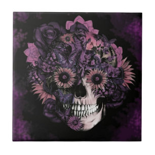 Purple ohm skull with paint splatters. tile
