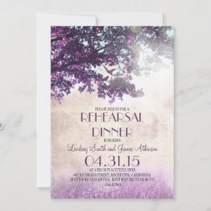Purple old oak tree & love birds rehearsal dinner invitation