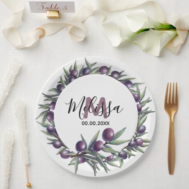 Purple olive branch greenery country monogram paper plate (Wedding)