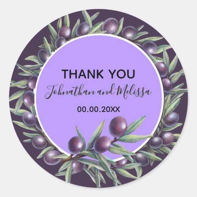 Purple olive branch greenery country thank you classic round sticker (Front)