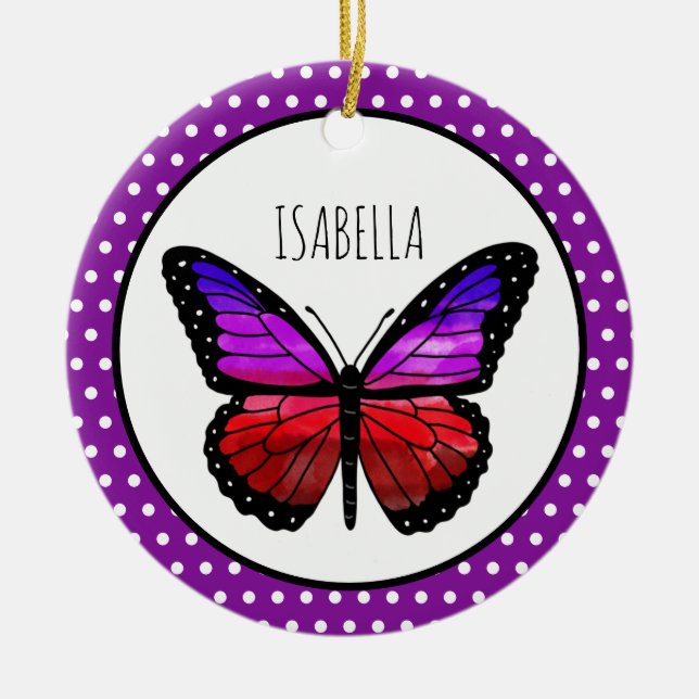 Purple Ombre Butterfly Polka Dot Personalised   Ceramic Tree Decoration (Front)