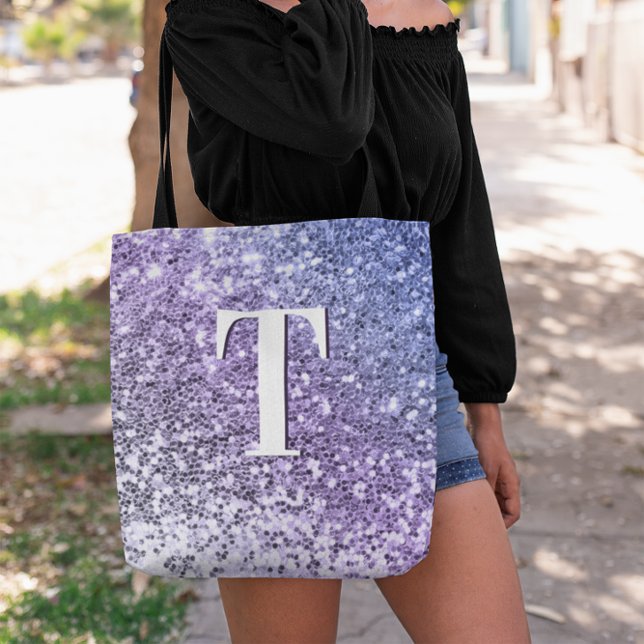 Purple Ombre Chunky Glitter Monogrammed Tote Bag (Purple Periwinkle Ombre Chunky Glitter Monogram Tote Bag)
