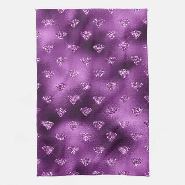 Purple Ombre Glam Glitter Diamonds Pattern Tea Towel (Vertical)