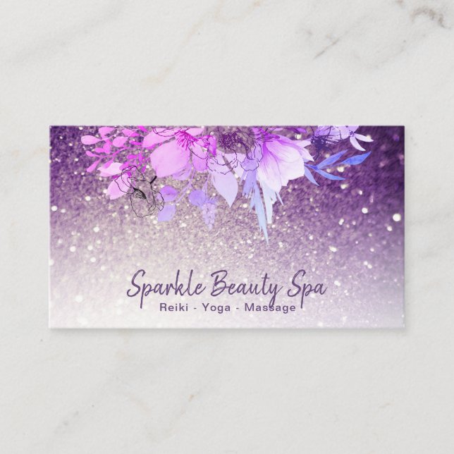 ~ Purple Ombre Glitter Beauty Floral Spa Business Card (Front)