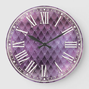 Purple Ombre & Glitter Dragon Scales Large Clock