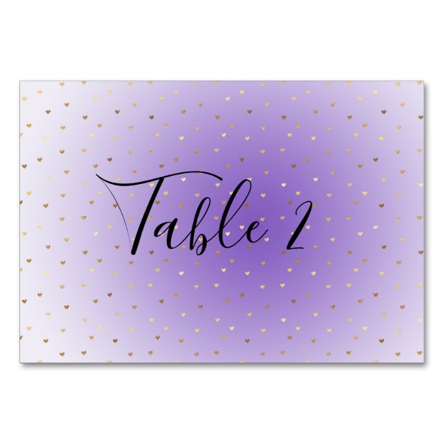 Purple Ombre Gold Hearts Table Number (Front)