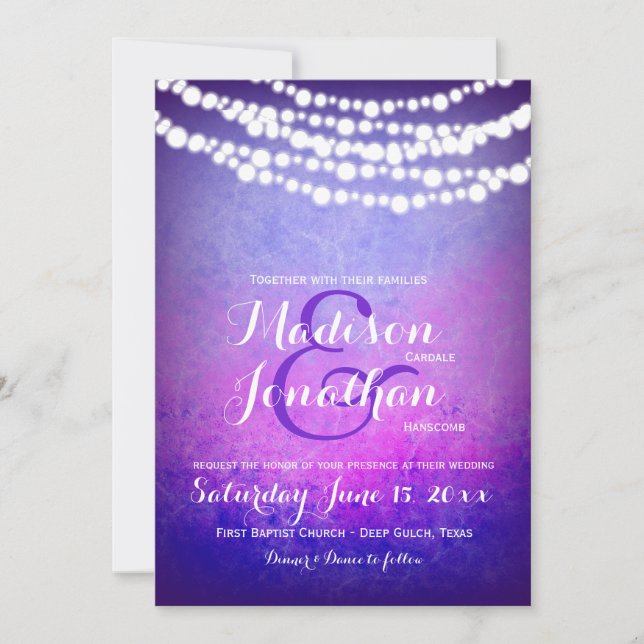 Purple Ombre Hanging Fairy Twinkle Lights Wedding Invitation (Front)