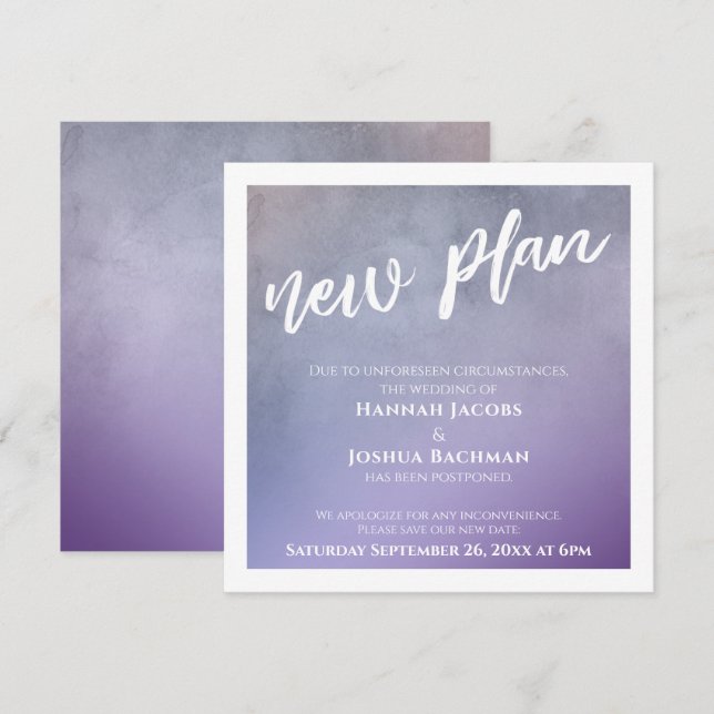 Purple Ombre New Plan Postponed Wedding Card (Front/Back)