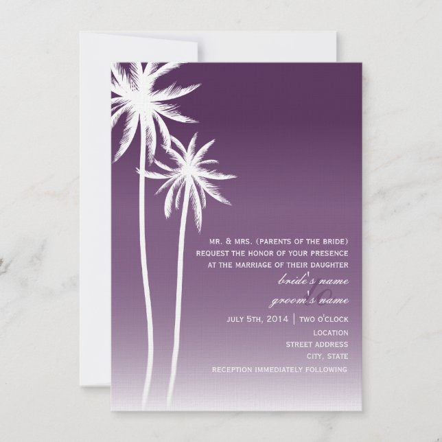 Purple Ombré Palm Trees Beach Wedding Invitation (Front)
