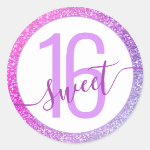 Purple Ombre Rainbow Glitter Sweet 16 Birthday Classic Round Sticker