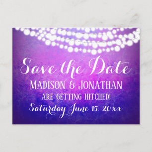Purple Ombre String Lights Rustic Save the Date Postcard