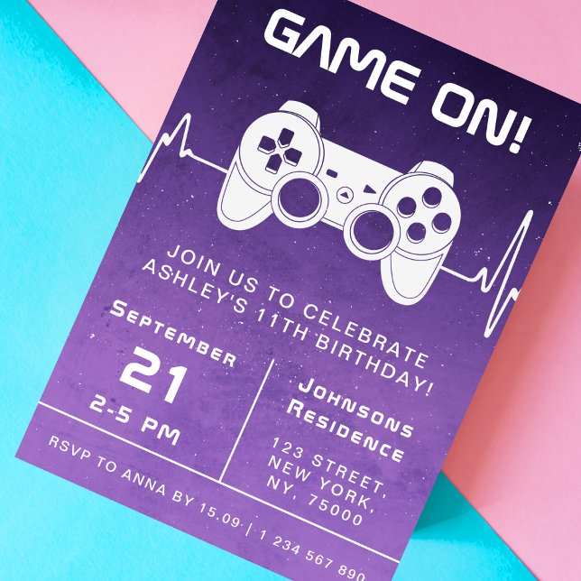 Purple Ombre Video Game Gamer Kids Birthday Party Invitation (Creator Uploaded)