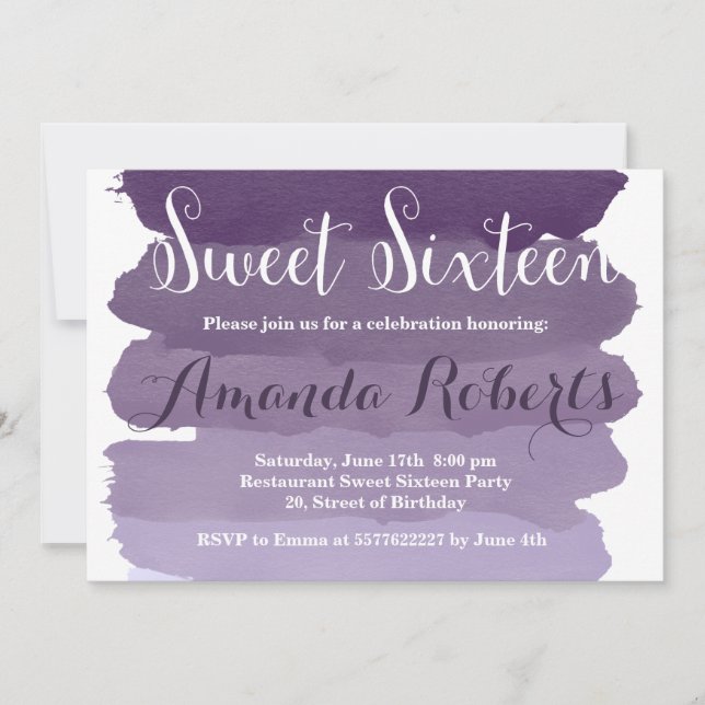 Purple ombre watercolor modern Sweet 16 Invitation (Front)