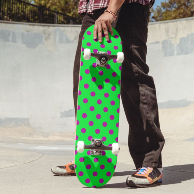 Purple On Green Polka Dots Pattern Design  Skateboard (Creator Uploaded)