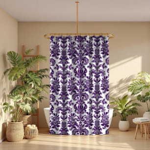 Purple On White Vintage Floral Damask Pattern Shower Curtain