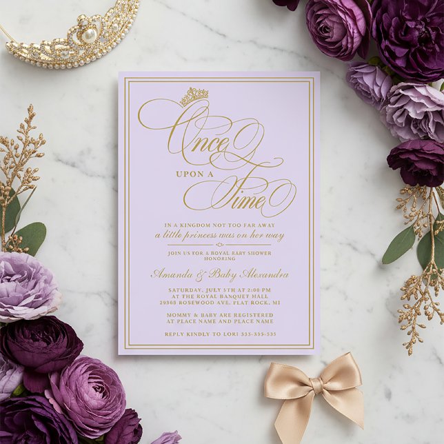 Purple Once Upon A Time Princess Baby Shower Invitation (Purple and Gold Princess Baby Shower Invitation | Once Upon a Time Baby Shower Invite)