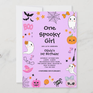 Purple One Spooky Girl Cute Halloween 1st Birthday Invitation