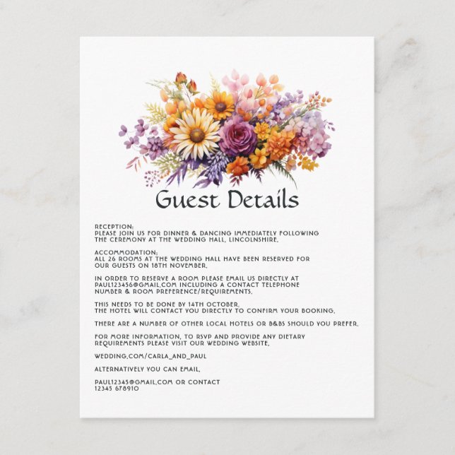 Purple, Orange, and Yellow Floral Guest Details Enclosure Card (Front)