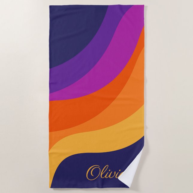 Purple orange and yellow retro diagonal waves  beach towel (Front)