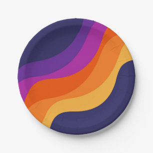 Purple orange and yellow retro diagonal waves paper plate