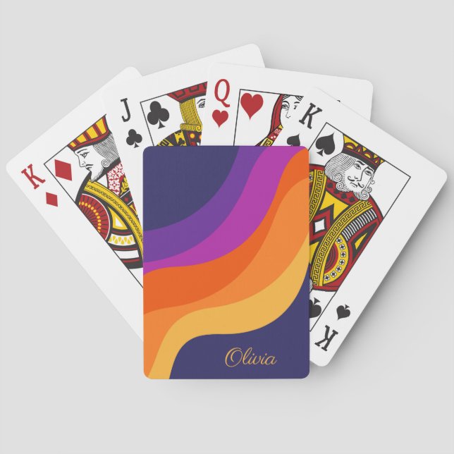 Purple orange and yellow retro diagonal waves  playing cards (Back)