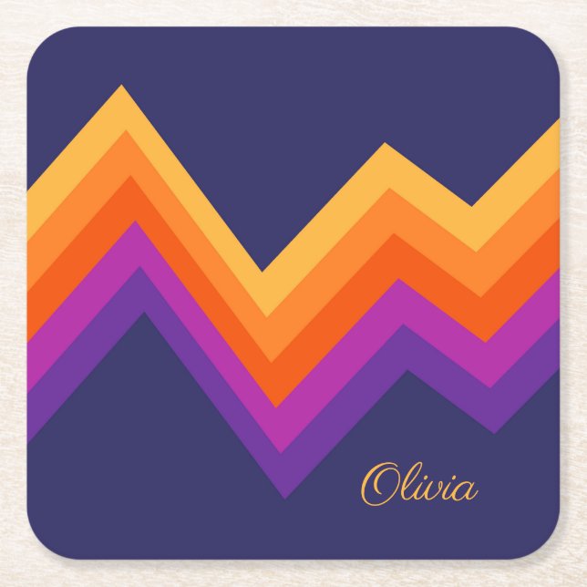 Purple, orange and yellow retro zigzag design square paper coaster (Front)