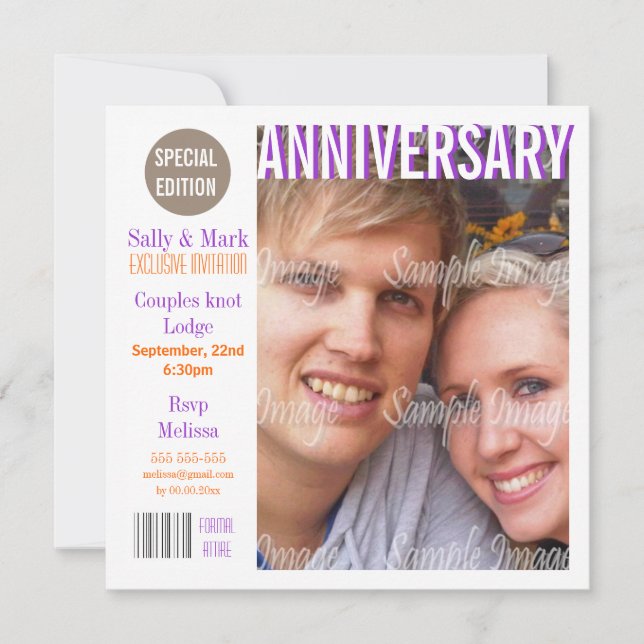 Purple orange anniversary magazine PERSONALIZE Invitation (Front)