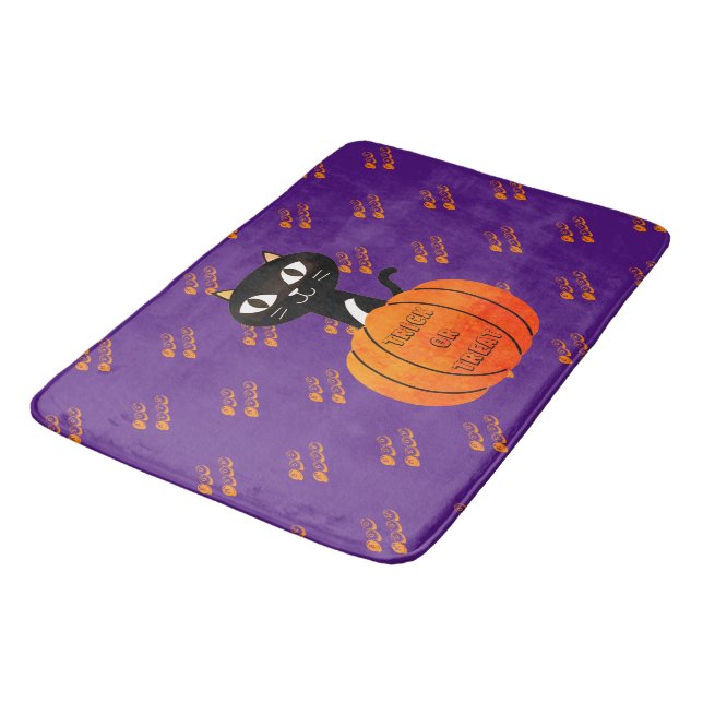 Purple Orange Black Cat Pumpkin Spooky Halloween Bath Mat (Angled)