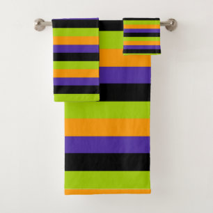 Purple Orange Black Green Witchy Stripes Halloween Bath Towel Set