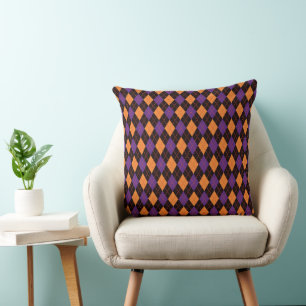 PURPLE ORANGE BLACK HALLOWEEN DIAMOND PATTERN CUSHION