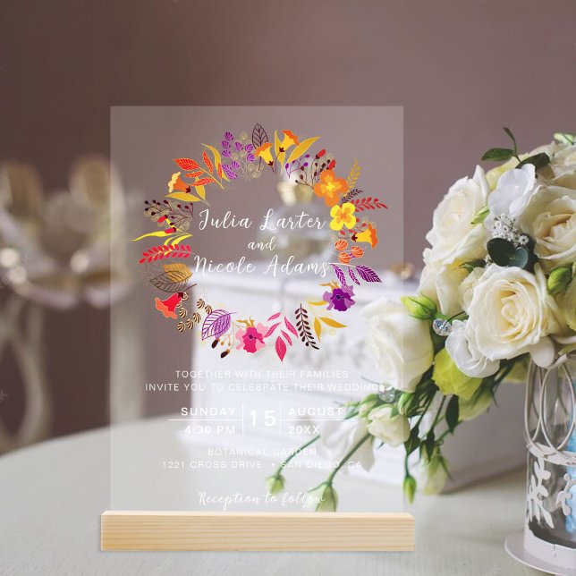 Purple Orange Boho Wildflower Foliage Wedding Acrylic Invitations (Creator Uploaded)