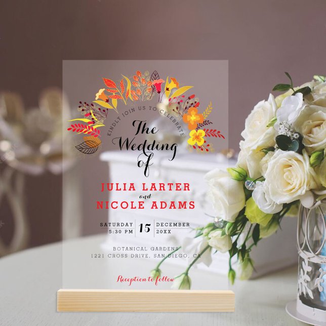 Purple Orange Boho Wildflower Foliage Wedding Acrylic Invitations (Creator Uploaded)