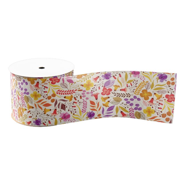 Purple Orange Boho Wildflower Foliage Wedding Grosgrain Ribbon (Spool)