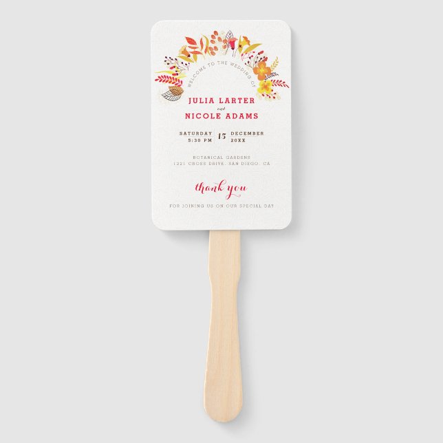 Purple Orange Boho Wildflower Foliage Wedding Hand Fan (Front)