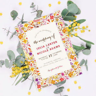 Purple Orange Boho Wildflower Foliage Wedding Invitation