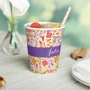 Purple Orange Boho Wildflower Foliage Wedding Paper Cups