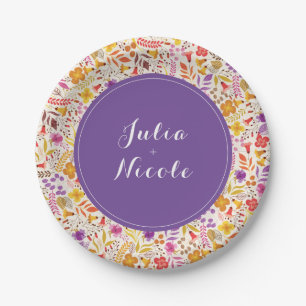 Purple Orange Boho Wildflower Foliage Wedding Paper Plate