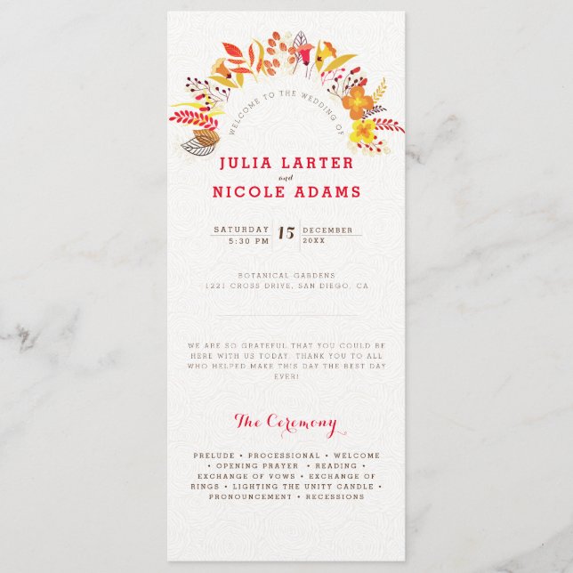 Purple Orange Boho Wildflower Foliage Wedding Programme (Front)