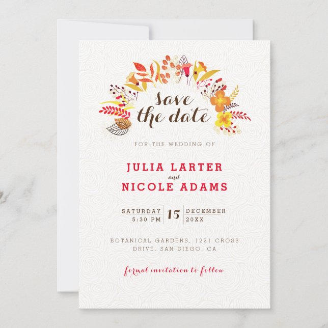 Purple Orange Boho Wildflower Foliage Wedding Save The Date (Front)
