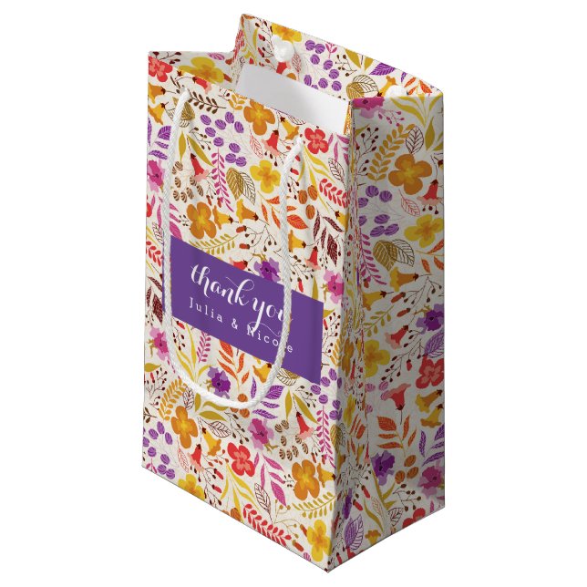 Purple Orange Boho Wildflower Foliage Wedding Small Gift Bag (Front Angled)